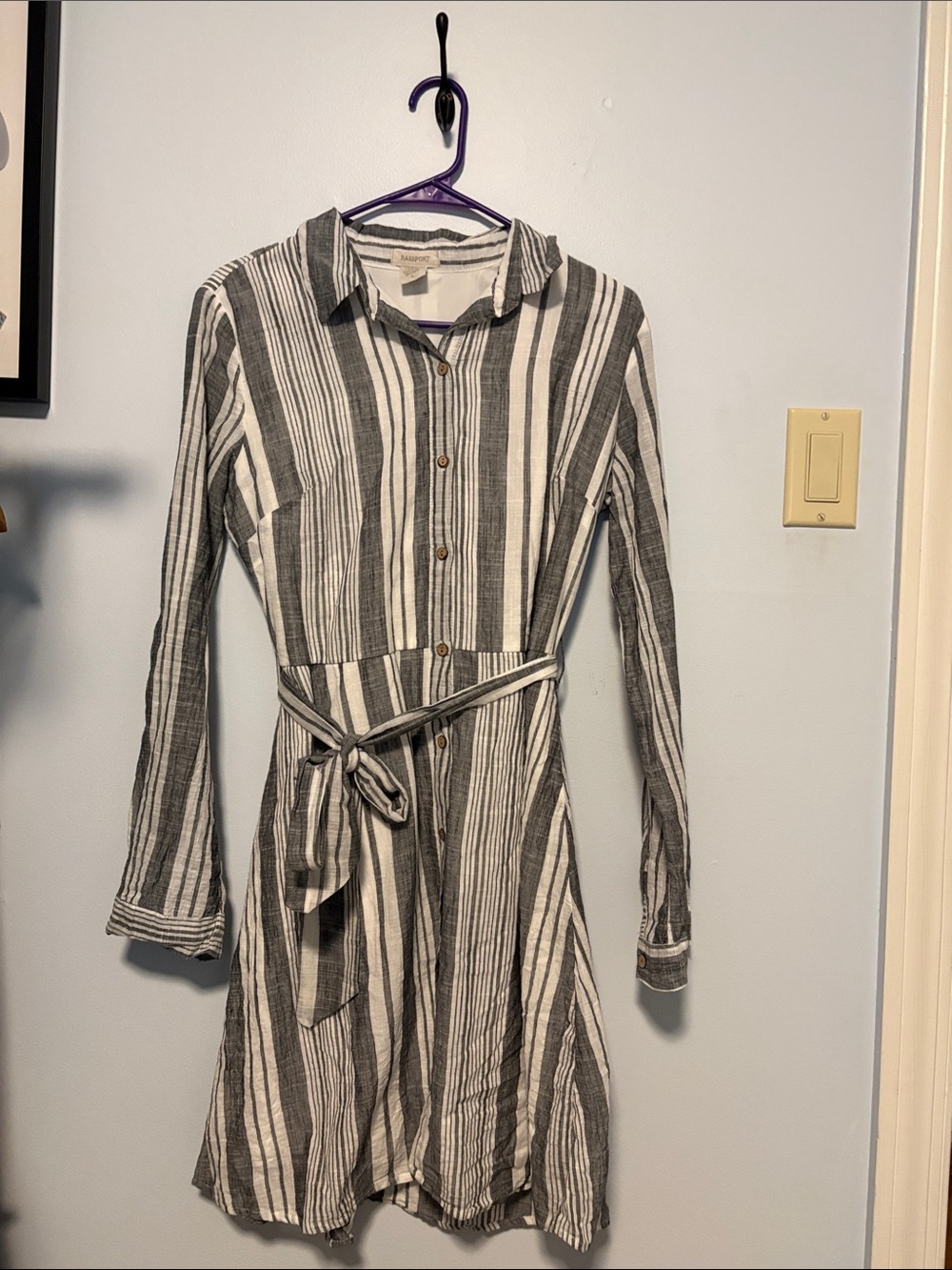 Passport Striped Long-Sleeve Shirt Dress in Gray & White